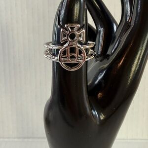 🆕 Modern Cross Orb Statement Ring | Polished Silver-Tone Sculptural | 7 | Luxe